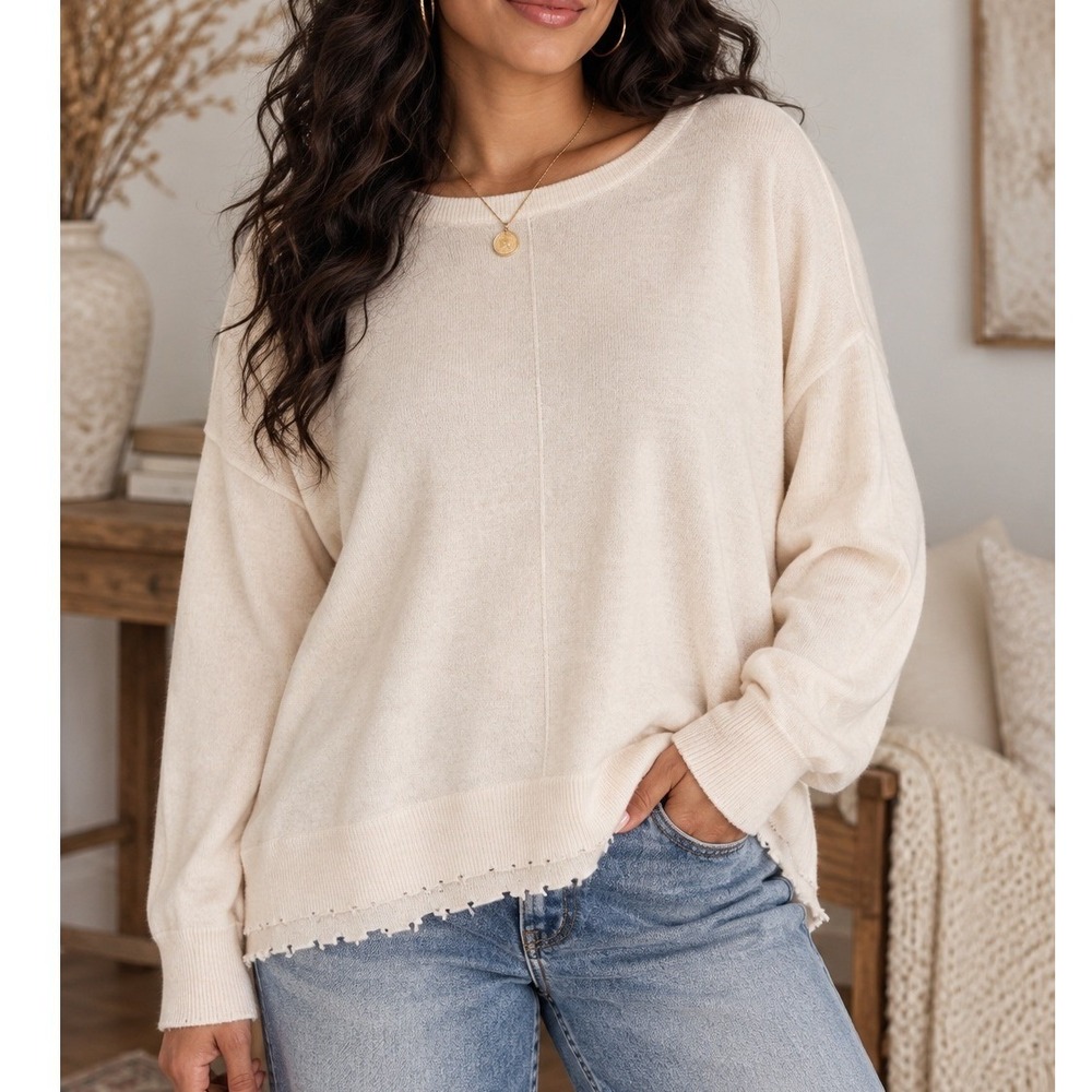 Kerisma Cream Oversized Wool Blend Sweater S/M Raw Hem Slouchy Pullover
